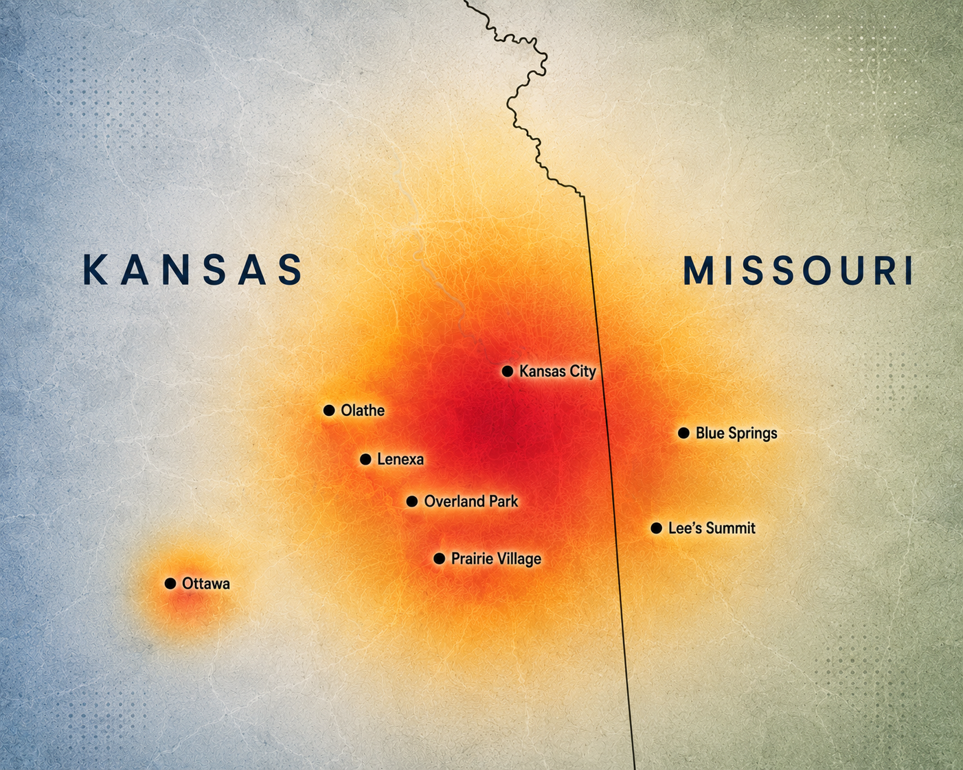 Heat map of the Kansas City metro corridor showing activity across Olathe, Lenexa, Overland Park, Prairie Village, Ottawa, Kansas City, Lee's Summit, and Blue Springs